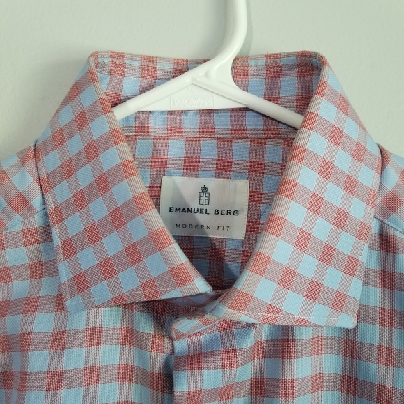 Emanuel Berg Modern Fit Checkered 15" Cotton SM Long Sleeve Shirt Button Up - Picture 3 of 14